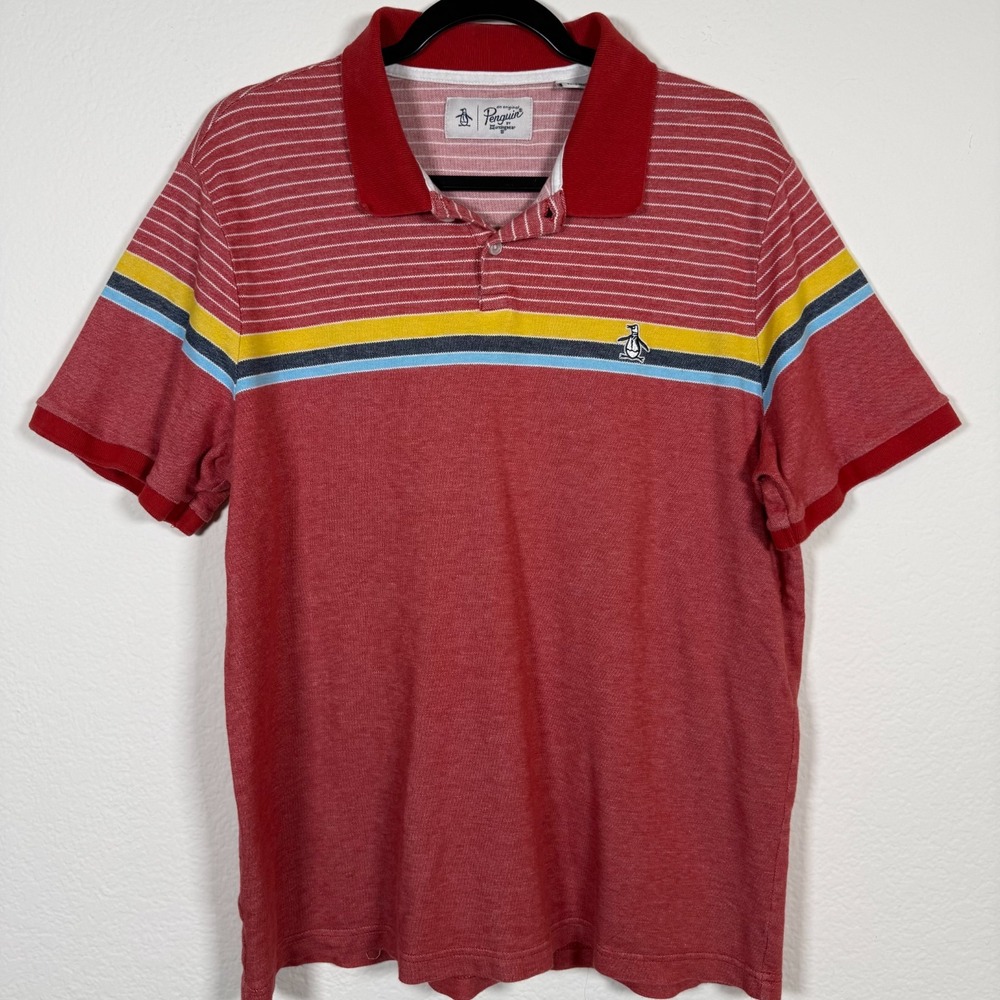 Original Penguin Polo Shirt Mens XL Red Striped Short Sleeve Logo Pique Cotton